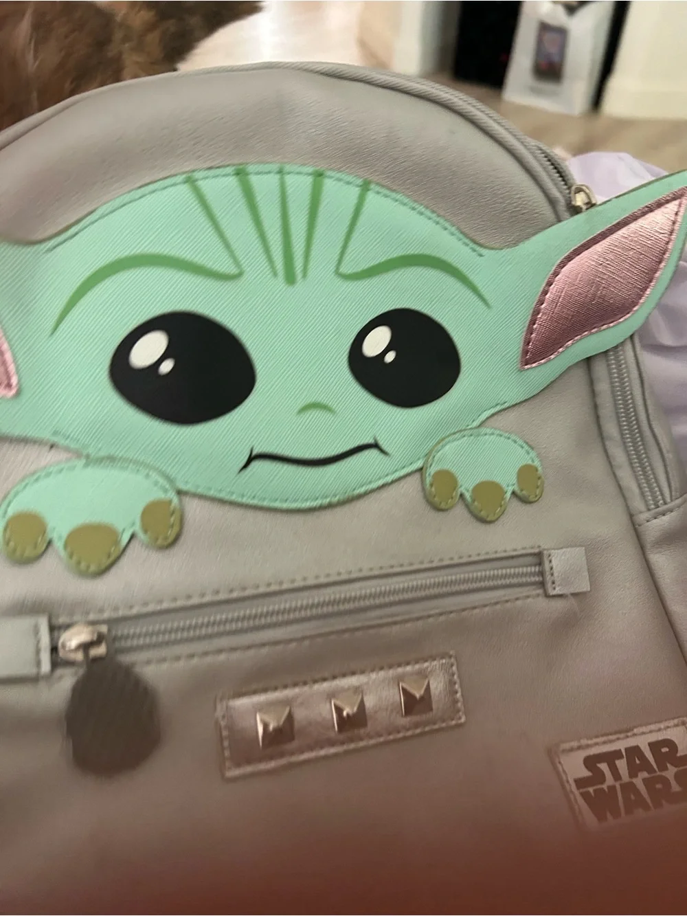 Star Wars Silver Backpack with Mint Green Grogu Face and Pink Ear Accents